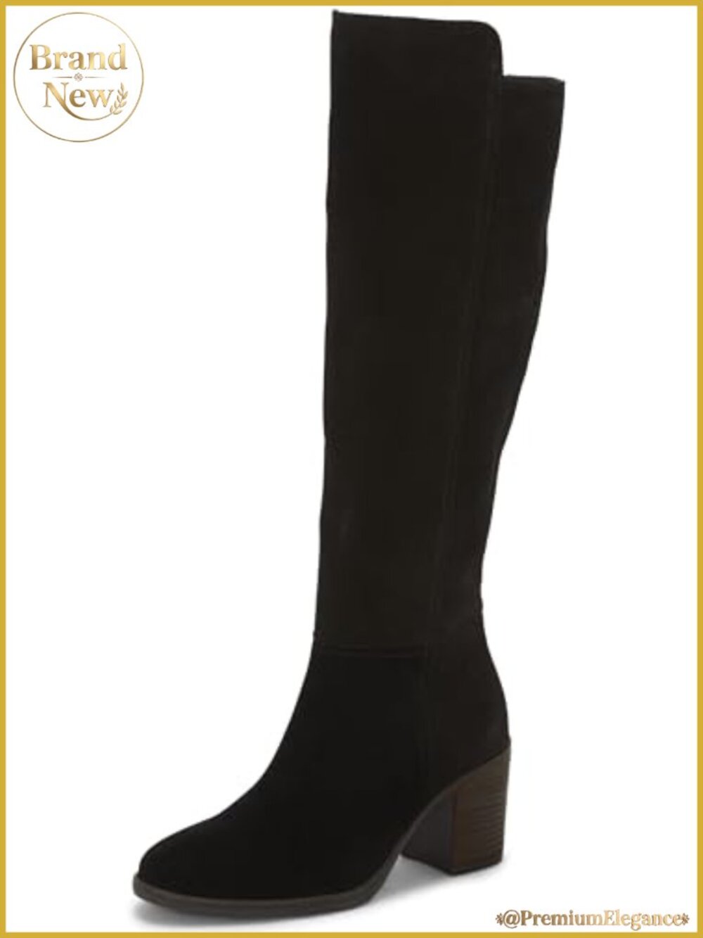 Suede Knee-High Wide Calf Boots Block Heel Almond Toe